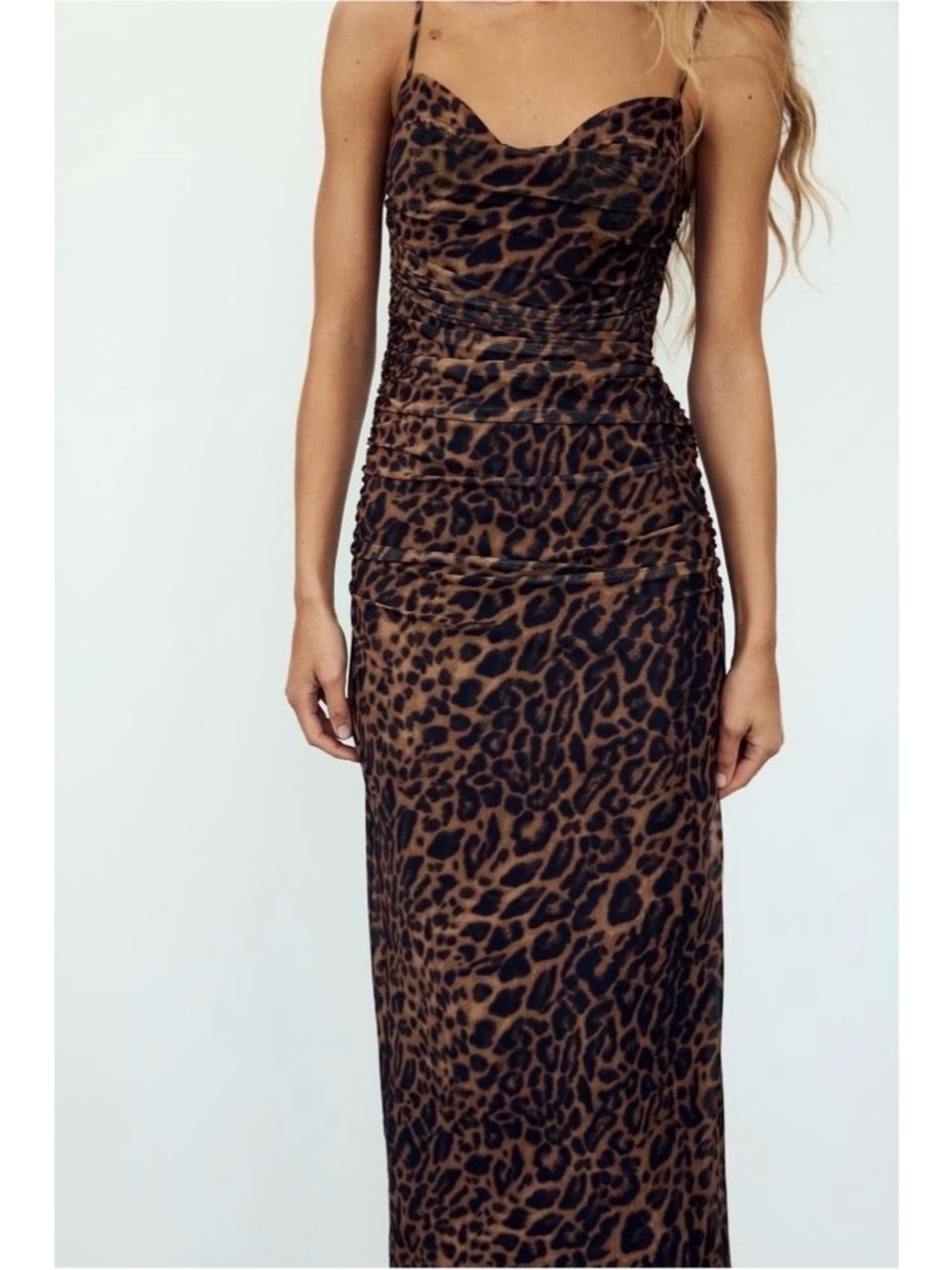Zara Mesh Ruched Bodycon Bustier Maxi Dress in Leopard Size Medium